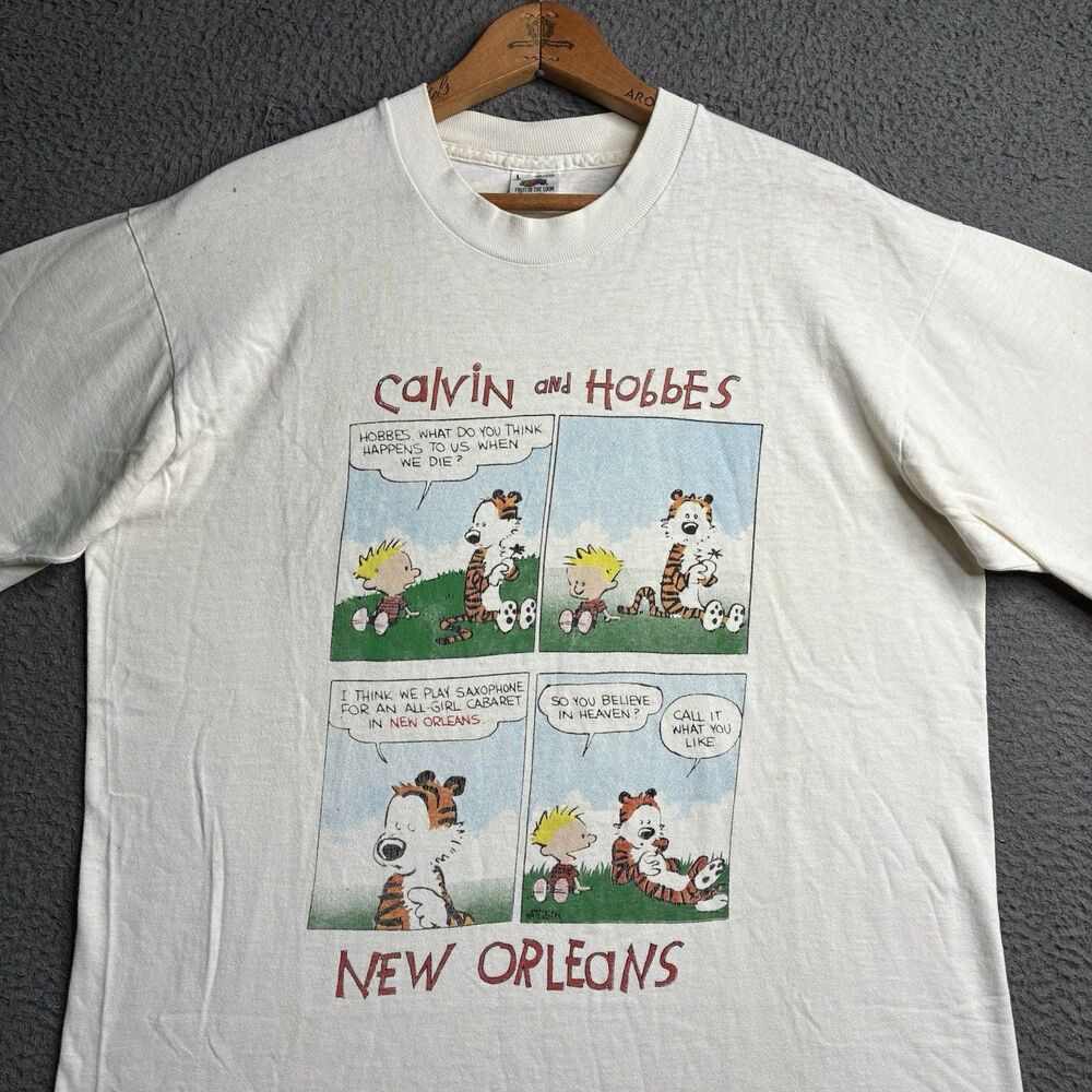 Vintage 90s Calvin And Hobbes Comic Strip Bourbon St T-Shirt Men’s Large
